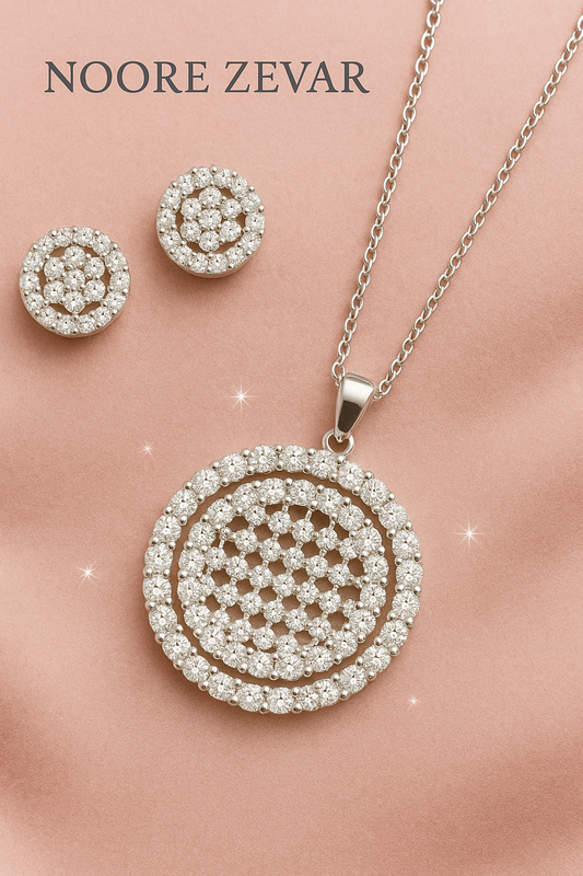 Elegant Crystal Round Pendant & Tops Set – Silver Plated